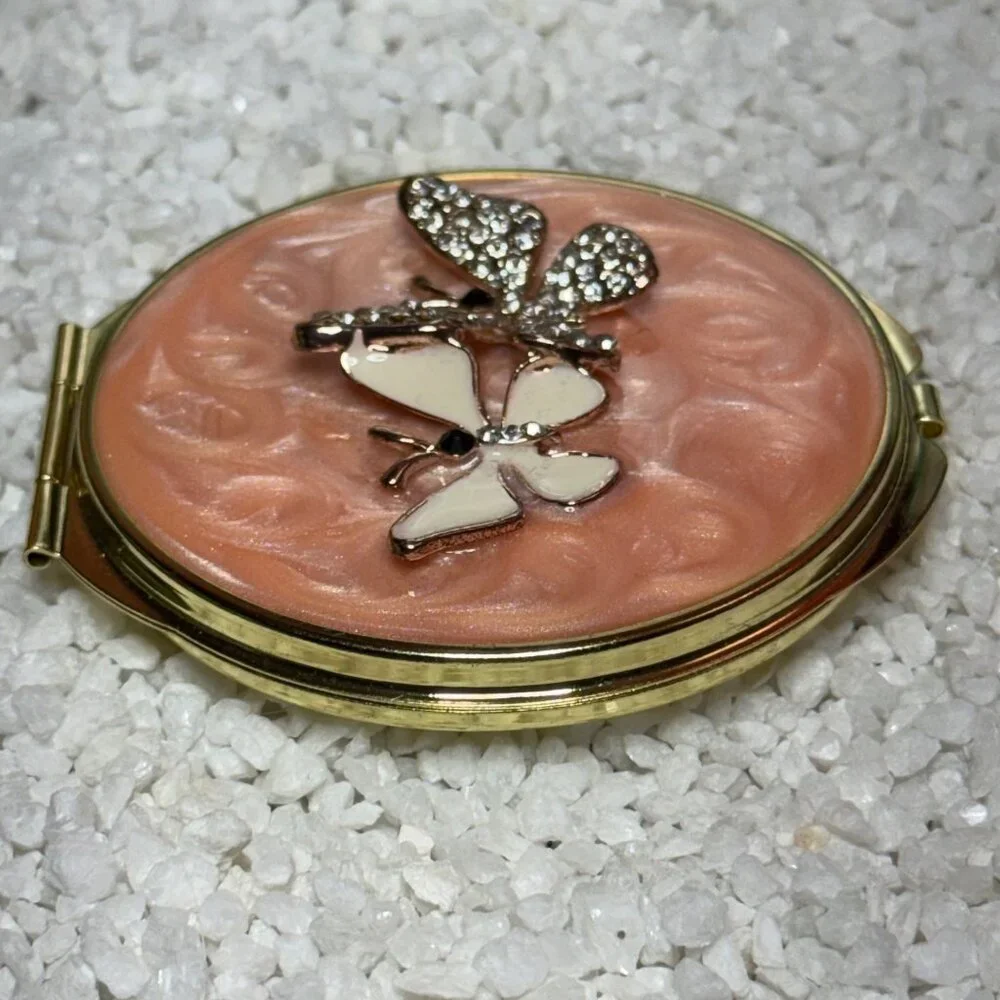 Enamel Butterfly Compact Mirror Pink Gold-Tone Rhinestone